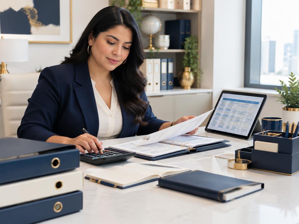 Administradora organizando documentos de bookkeeping y payroll